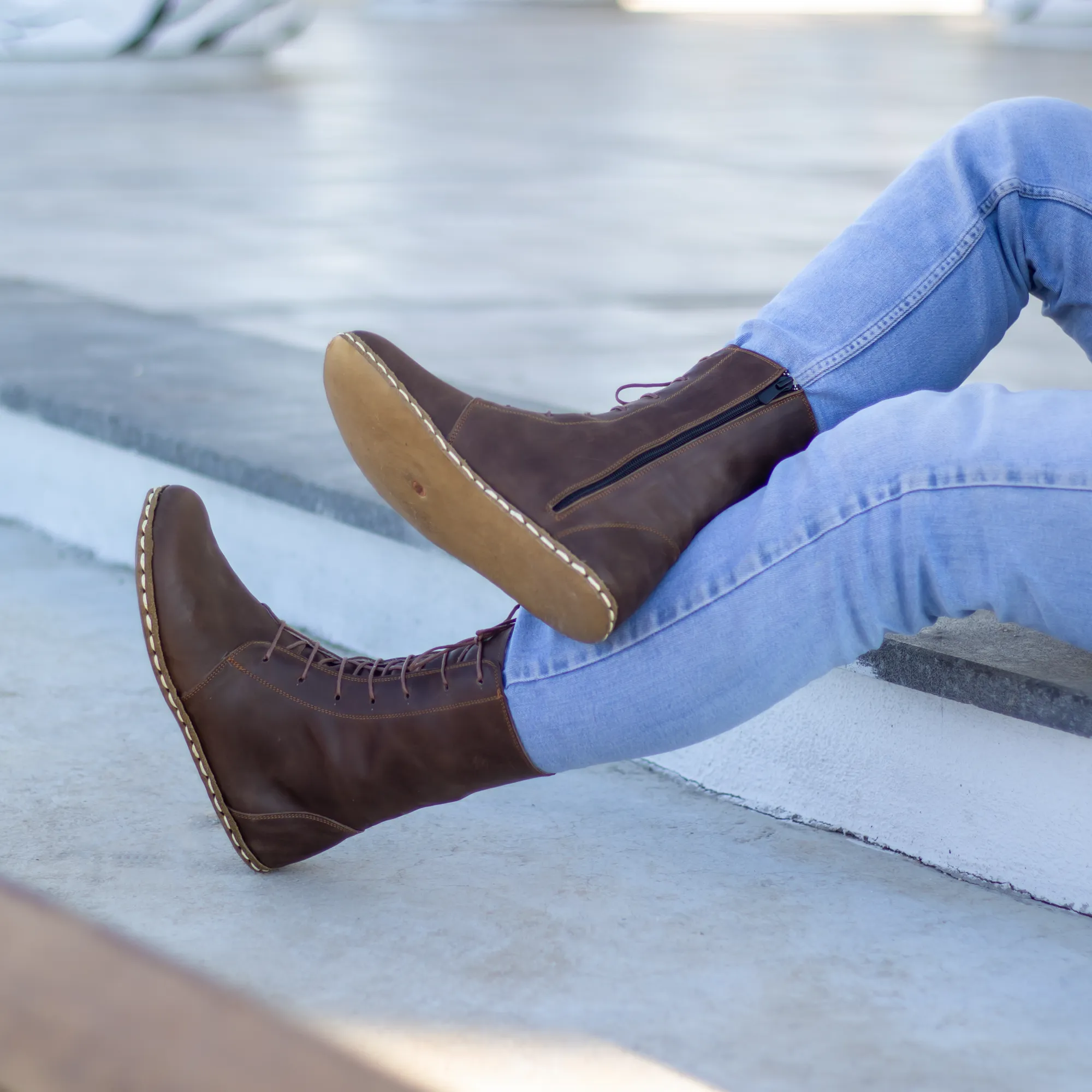 Barefoot Leather Lace-up Brown Boots for Men