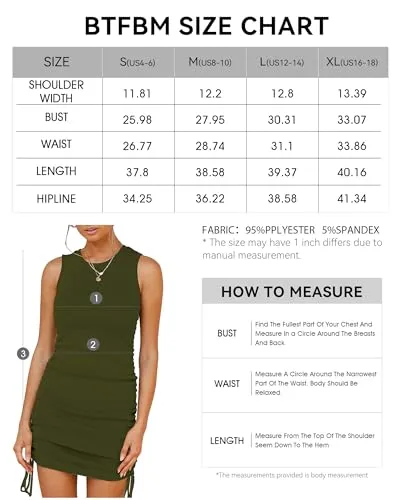 BTFBM Women Sleeveless Bodycon Ruched Short Dress Side Drawstring Solid Crew Neck Casual Summer Tank Shirt Mini Dresses (Tank Wine Red, Medium)