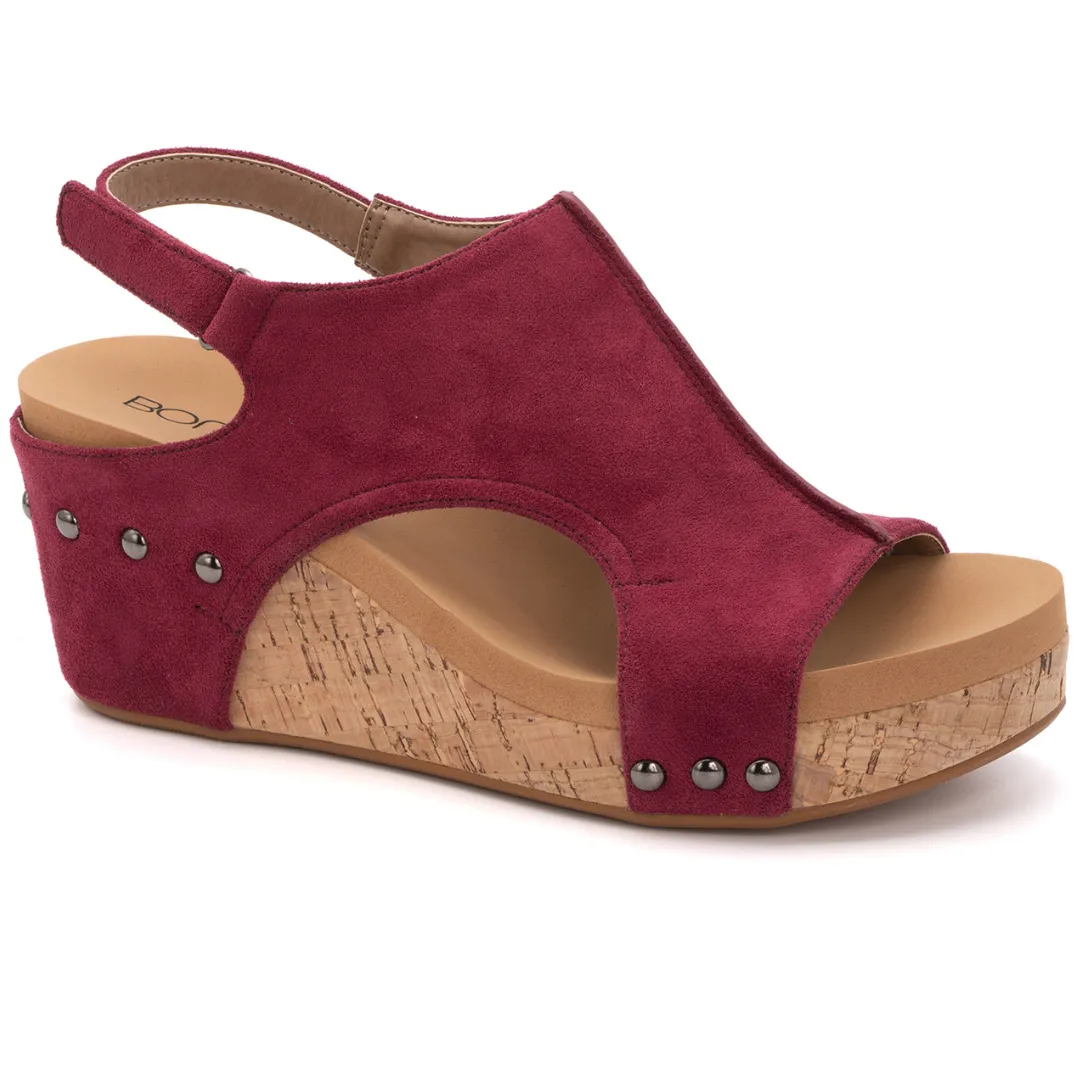 Corkys "Carley" Wedge Sandal (Dark Red Suede)