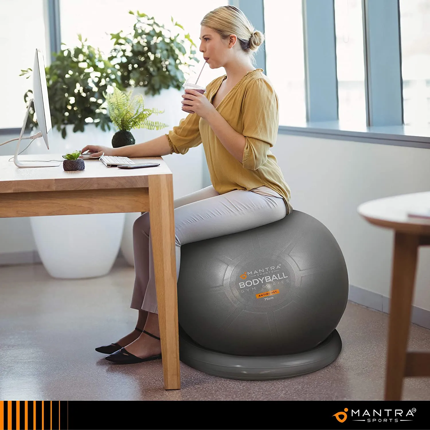 Exercise Ball Chair - 55cm / 65cm / 75cm Yoga Fitness Pilates Ball & Stability Base for Home Gym & Office - Resistance Bands, Workout Poster & Pump. Improve Balance, Core Strength & Posture