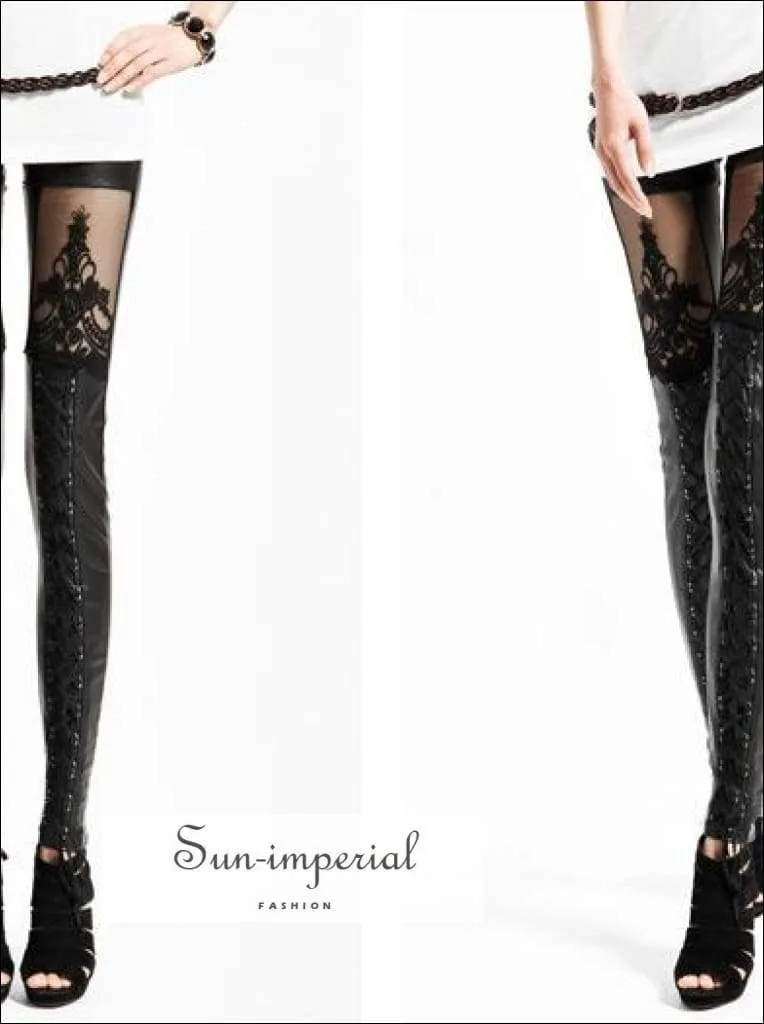 High Quality Wholesale Punk Black Faux Leather Gothic Lace Legging Women Lace up Leggings