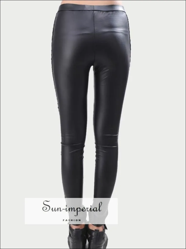 High Quality Wholesale Punk Black Faux Leather Gothic Lace Legging Women Lace up Leggings