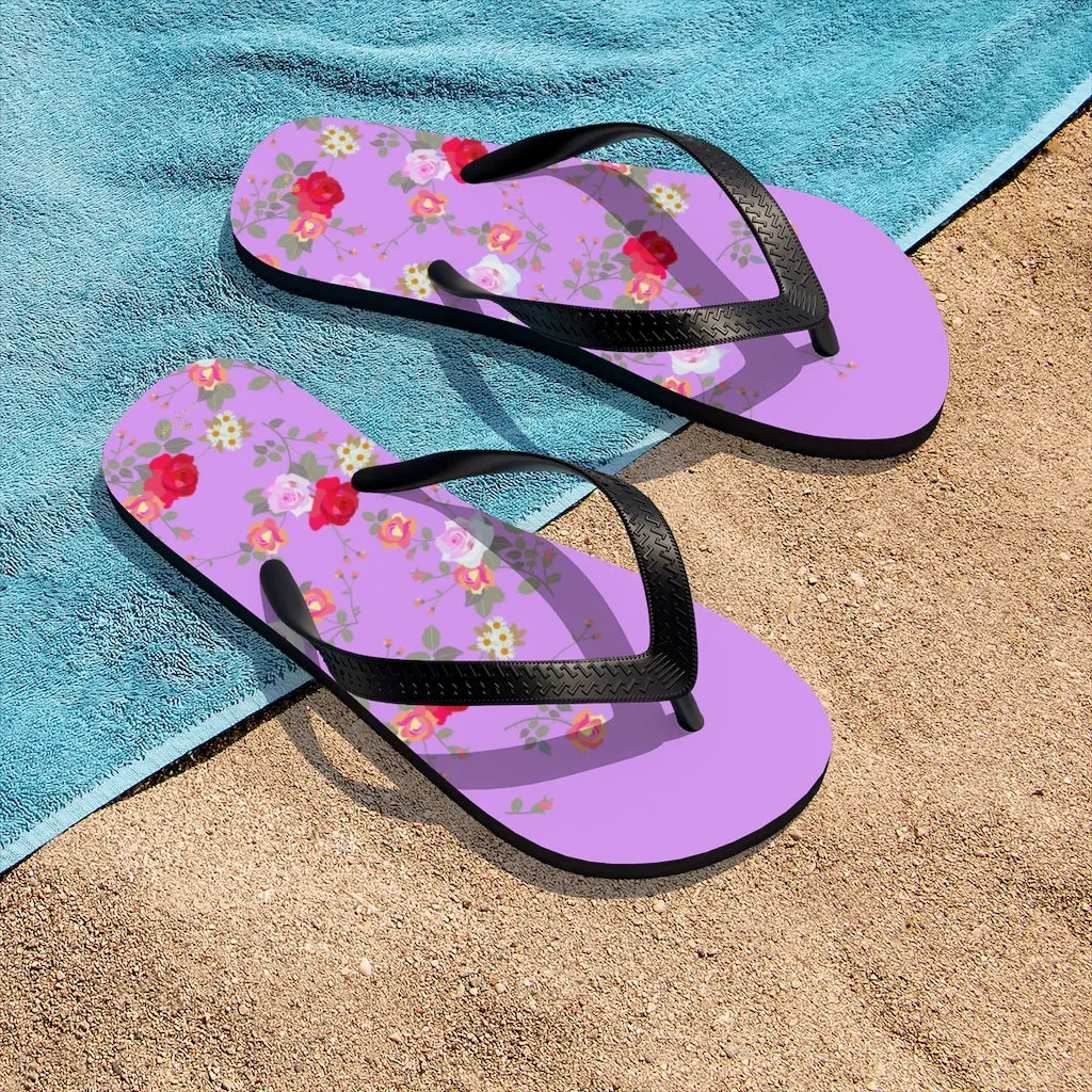 Pink Red Floral Flip Flops, Rose Print Unisex Flip-Flops Beach Pool Cute Sandals- Made in USA