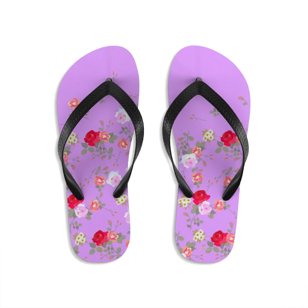 Pink Red Floral Flip Flops, Rose Print Unisex Flip-Flops Beach Pool Cute Sandals- Made in USA