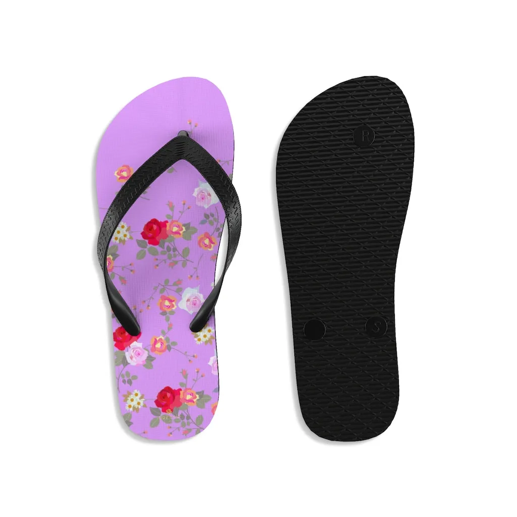 Pink Red Floral Flip Flops, Rose Print Unisex Flip-Flops Beach Pool Cute Sandals- Made in USA