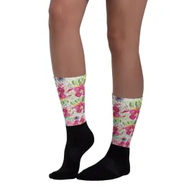 Pink Rose Floral Designer Black Foot Sublimated Socks - Made in USA/ Europe