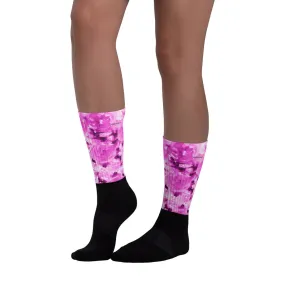 Pink Rose Floral Print Designer Black Foot Sublimated Socks - Made in USA/ Europe