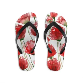 Poppy Bright Flip Flops, Red Poppy Flowers Girlie Floral Print Unisex Flip-Flops - Made in USA