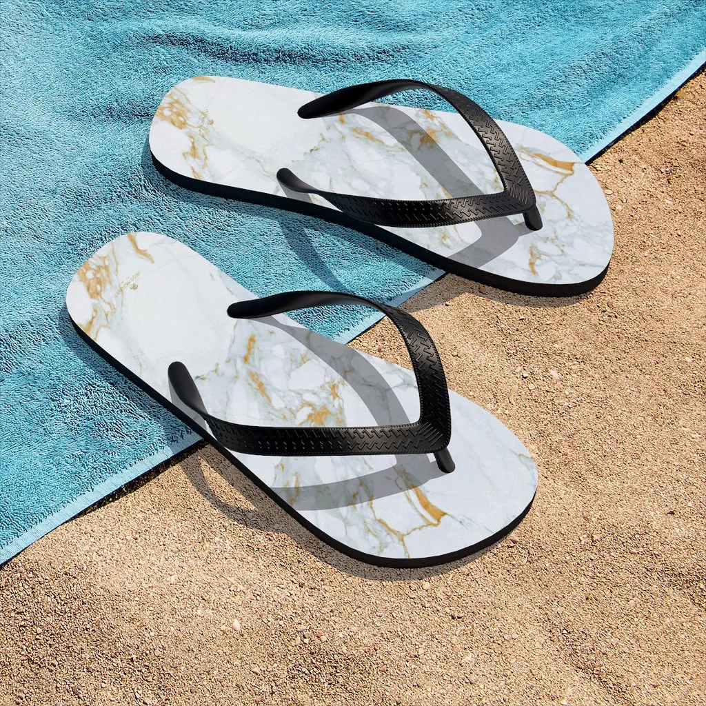 White Marble Print Flip Flops, Unisex For Men or Women Designer Flip-Flops Sandals- Printed in USA